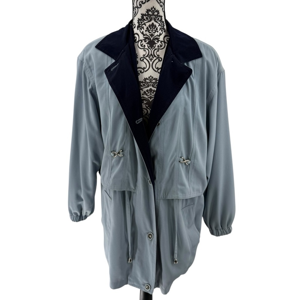Vintage Sky Blue Barn Jacket Navy Collar & Detachable Hood Utility Outerwear